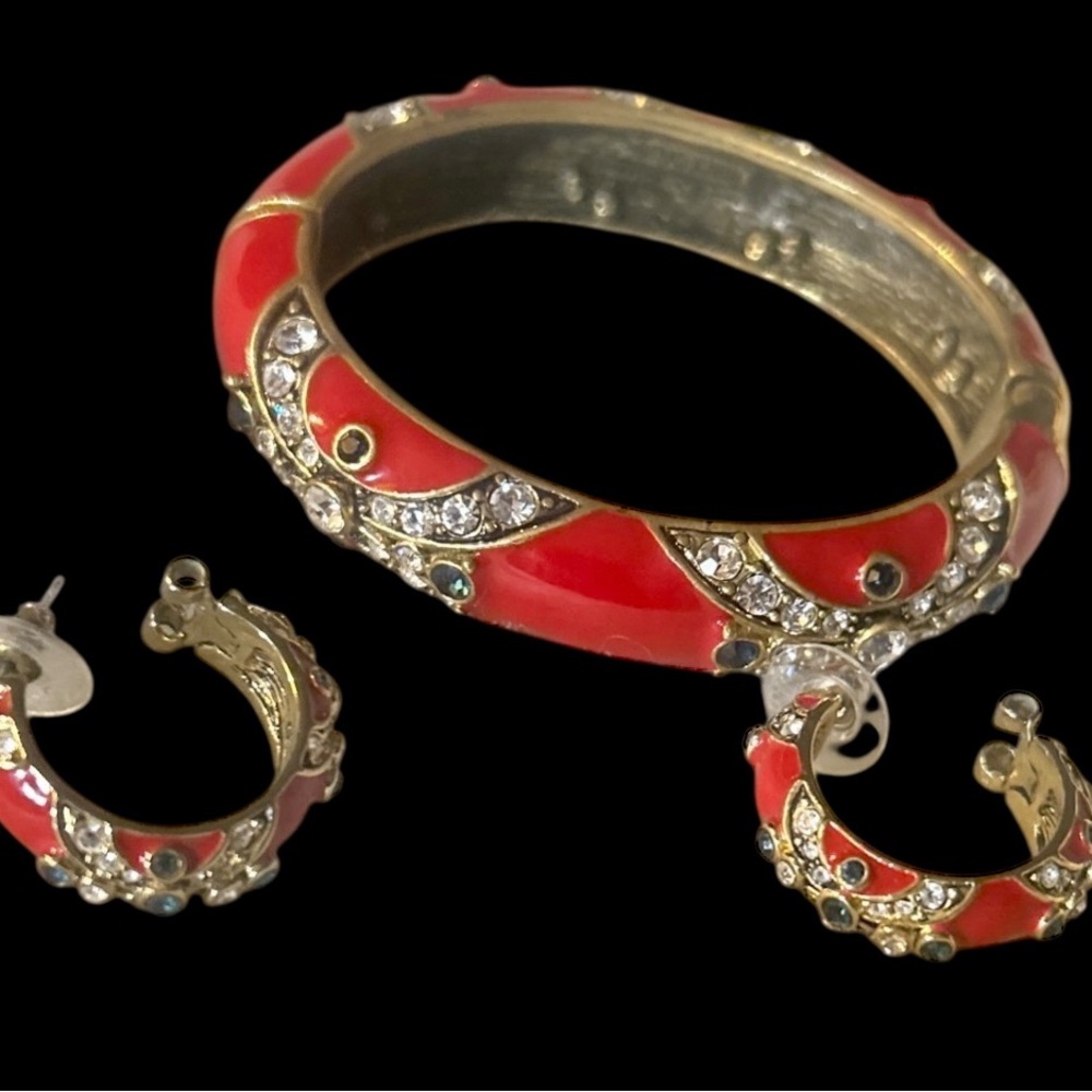 Heidi Daus Newport Chic Red Enamel Bangle Bracelet & Earrings